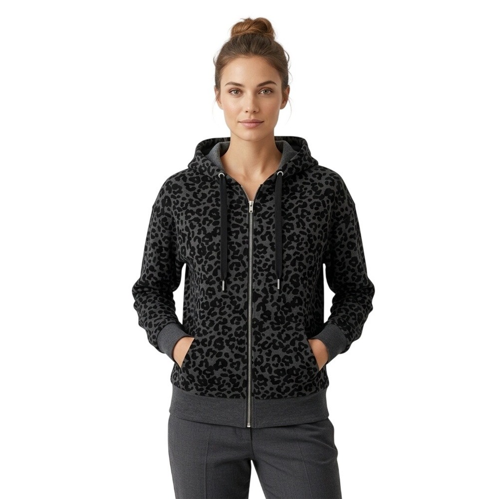 NWT Soma Weekend Women's Size Small Gray Leopard Full Zip Hoodie Sweatshirt